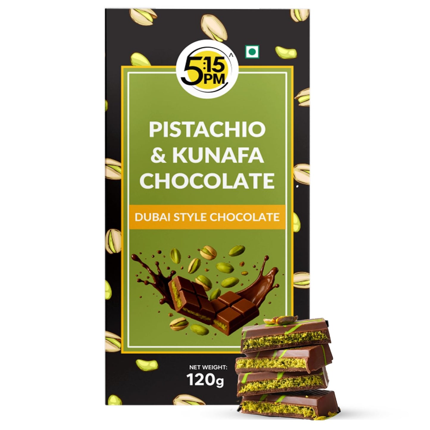 5:15PM Kunafa Chocolate Bar Dubai Style 120gm | Pistachio Kunafa Dubai Chocolate Dessert | Milk Chocolate, Creamy Pistachios & Crunchy Kunafas spread | Dubai Kunafa Chocolates with Pistachios – 120gm