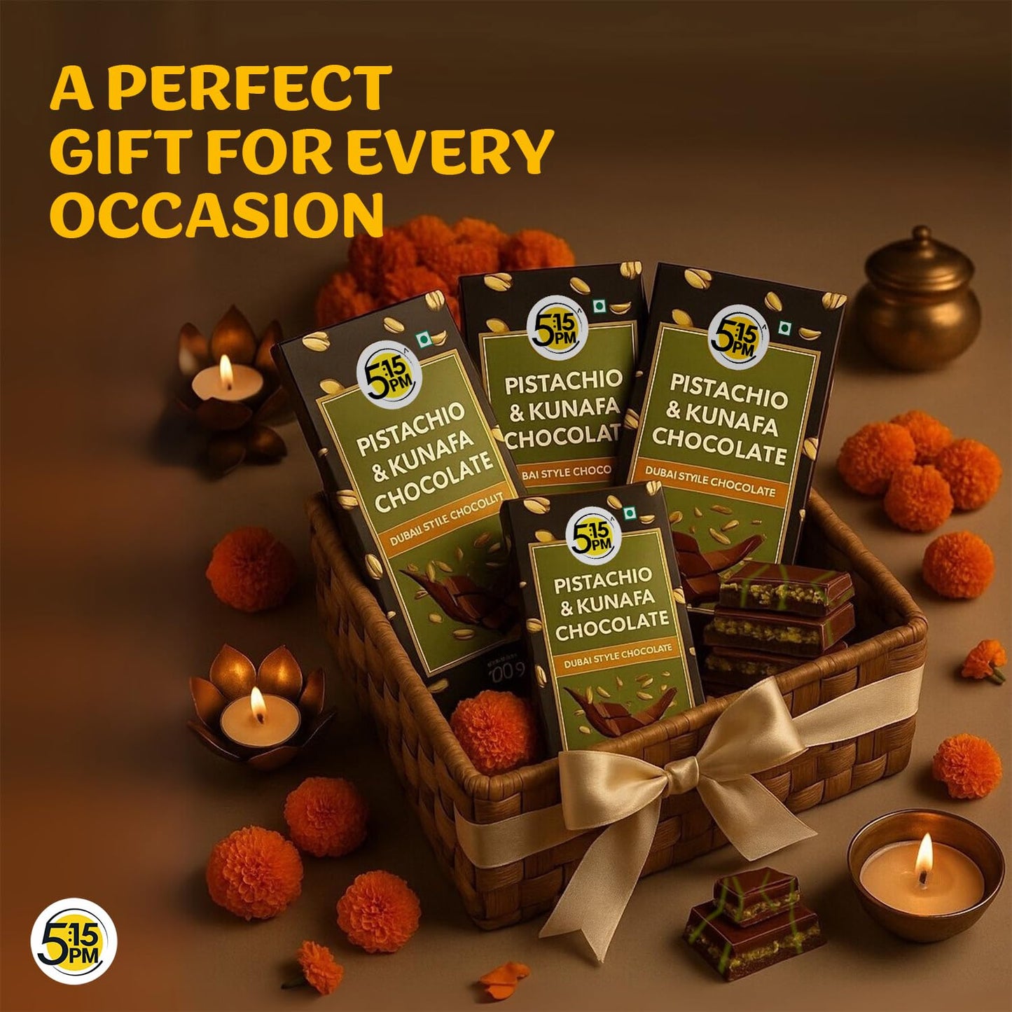 5:15PM Kunafa Chocolate Bar Dubai Style 120gm | Pistachio Kunafa Dubai Chocolate Dessert | Milk Chocolate, Creamy Pistachios & Crunchy Kunafas spread | Dubai Kunafa Chocolates with Pistachios – 120gm