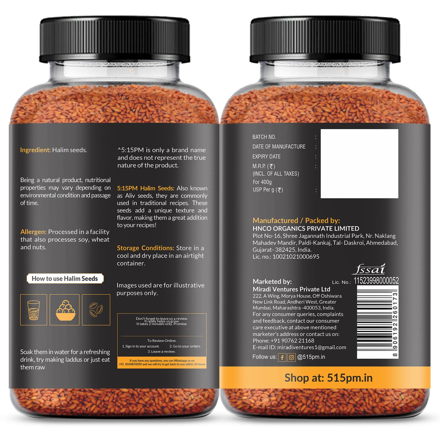 5:15PM Halim Seeds for Eating | 400g | Aliv & Garden Cress Seed | Hygienically Packed | Raw and Natural | Used in Cooking, Baking, Smoothies and other Beverages and Hair Growth