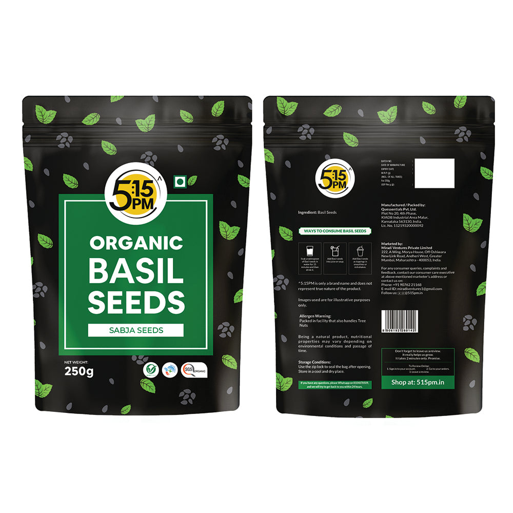 5:15PM Basil Seeds 250g | 100% Organic Raw Basil Seeds | Tukmaria Seeds | Sabja Seeds for Eating | Falooda Seeds 250 grams