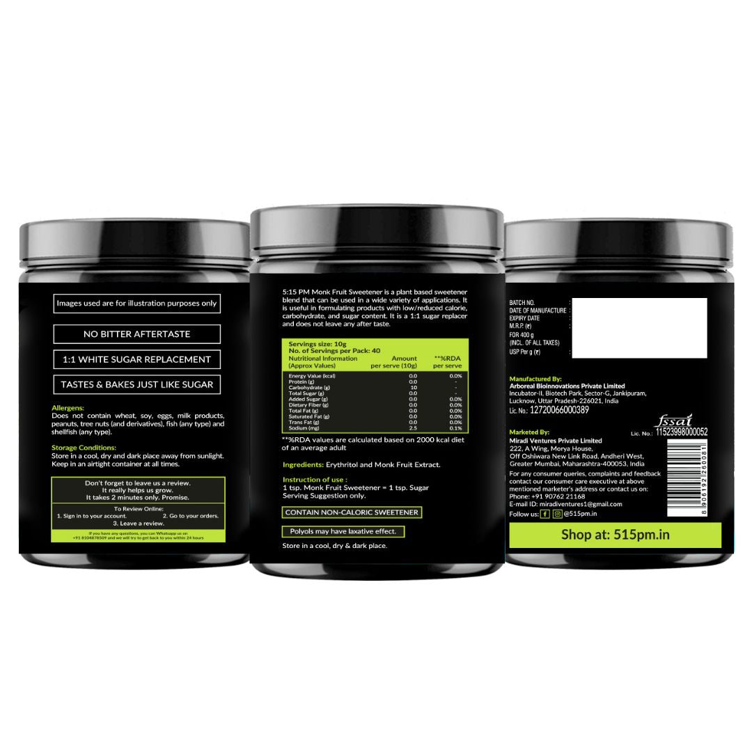 5:15PM Monk Fruit Sweetener with Erythritol | Natural Sugar Replacer | Monk Fruit Extract For Cooking & Baking – 400g