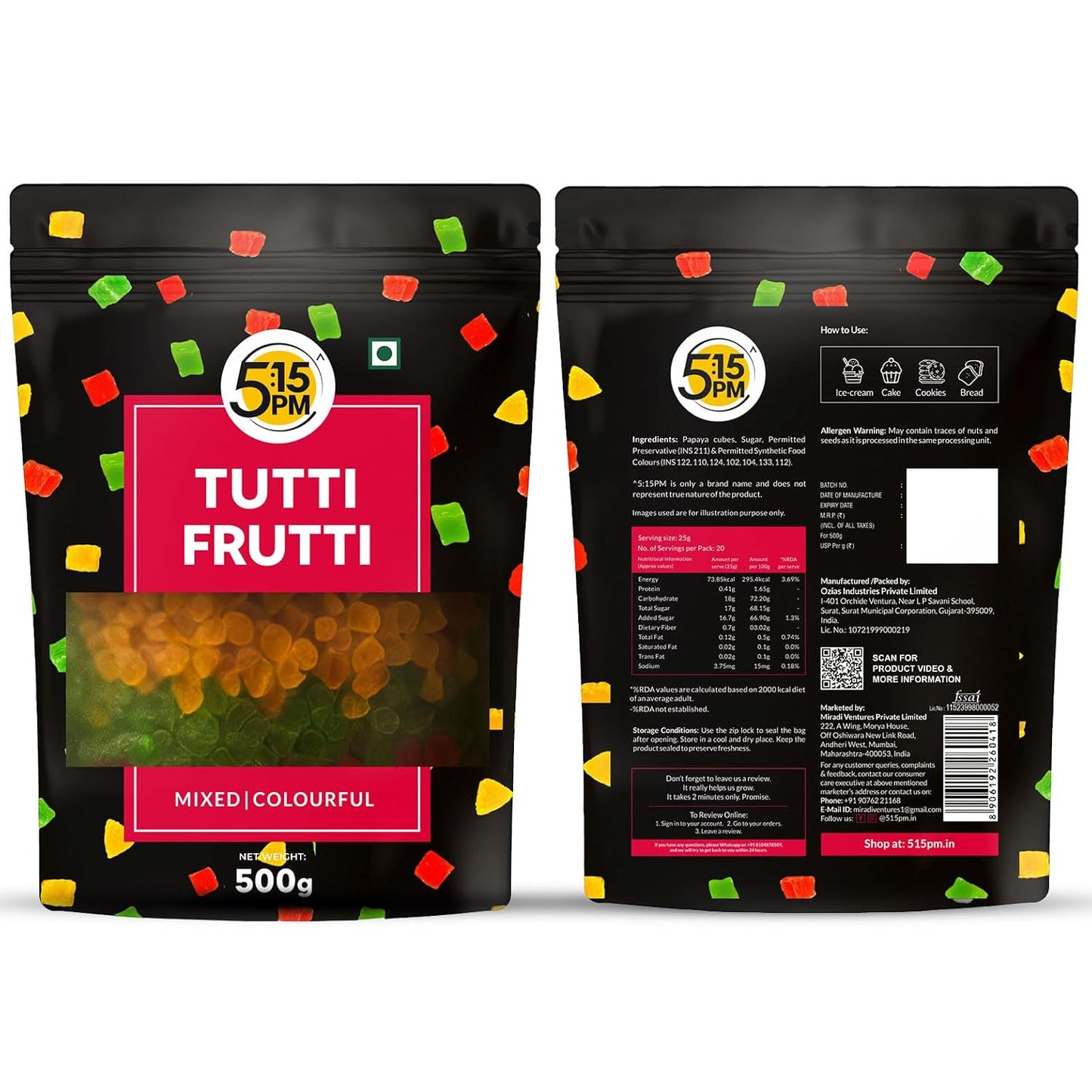 5:15PM Tutti Frutti 500gm|Mix Tutti Frutti Cherry| Tooty Fruity for Cake Baking| Dried Mix Multicolour Papaya pieces| Sweet Cherries – 500gm