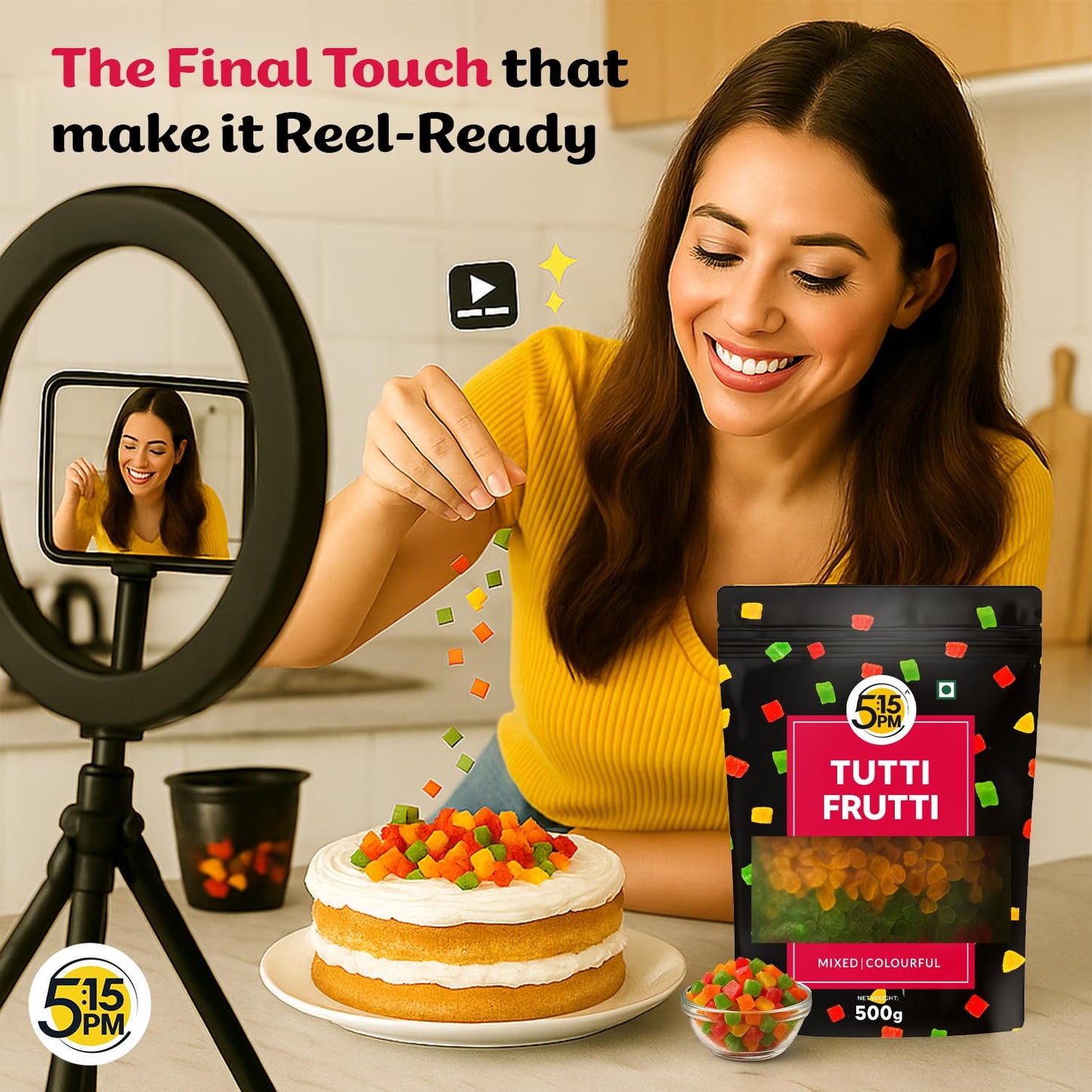 5:15PM Tutti Frutti 500gm|Mix Tutti Frutti Cherry| Tooty Fruity for Cake Baking| Dried Mix Multicolour Papaya pieces| Sweet Cherries – 500gm