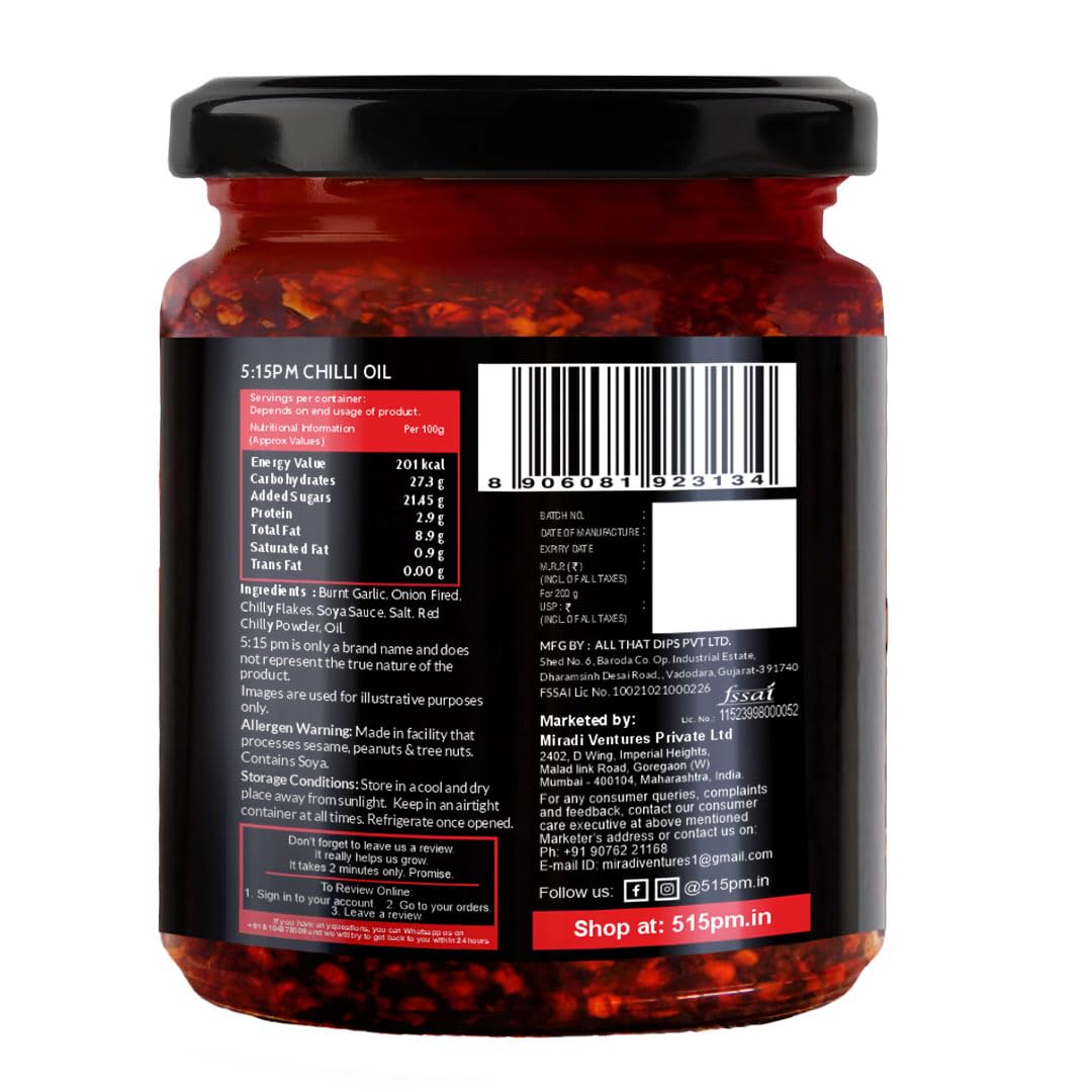 "5:15PM Chilli Oil | Crispy Chilli Oil For Noodles | Sichuan Chilli Oils | No Artificial Colours & Flavour | Perfect for Stir-Fries, Noodles & Pizzas - 200g "