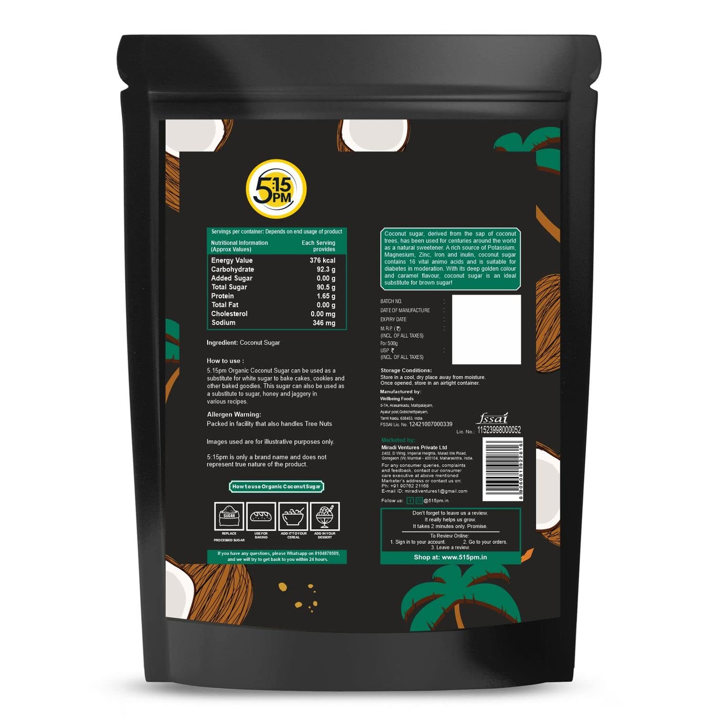 5:15PM Organic Coconut Sugar | Unrefined Sugar Substitute | Coconut Palm Sugar | Natural Sweetener |100% Pure  - 500g