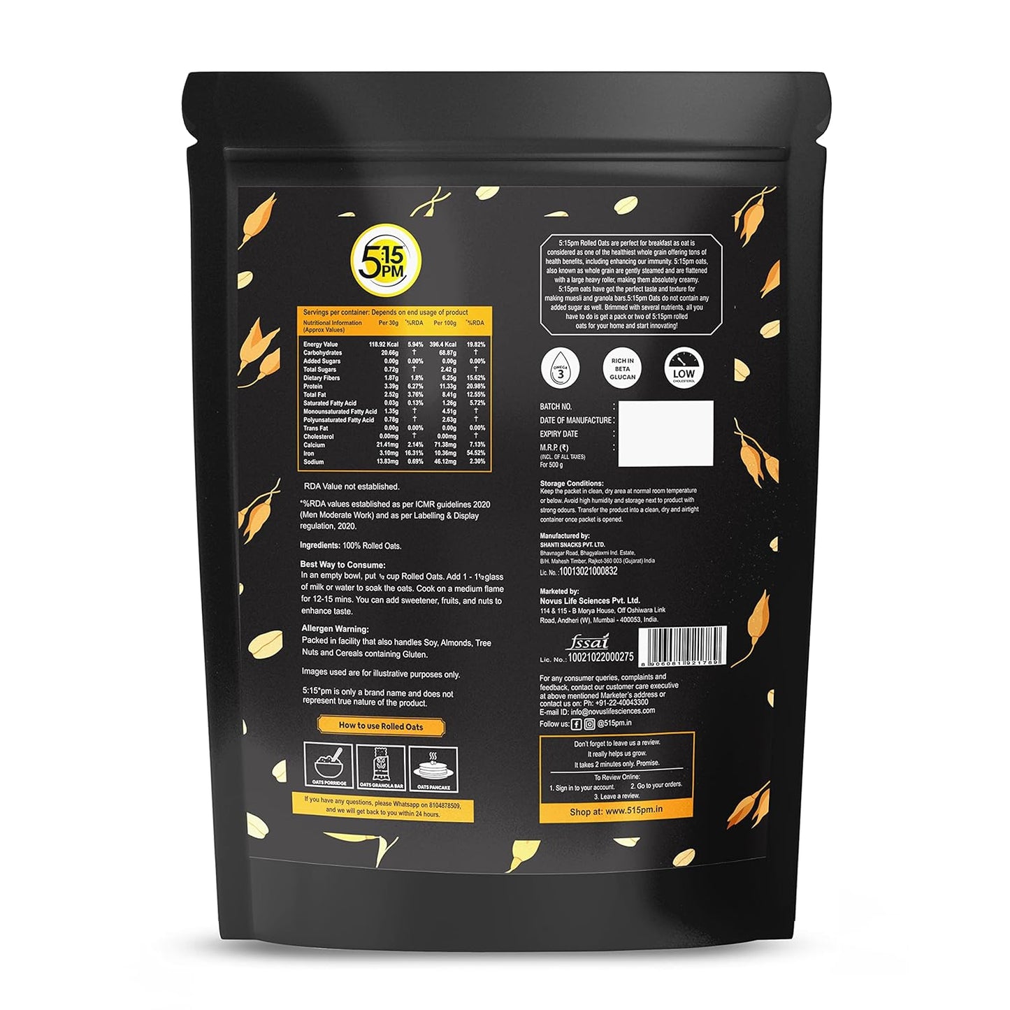 5:15PM Rolled Oats 500g | Oats | Healthy Cereal Breakfast | 100% Natural Whole Grain – 500 grams