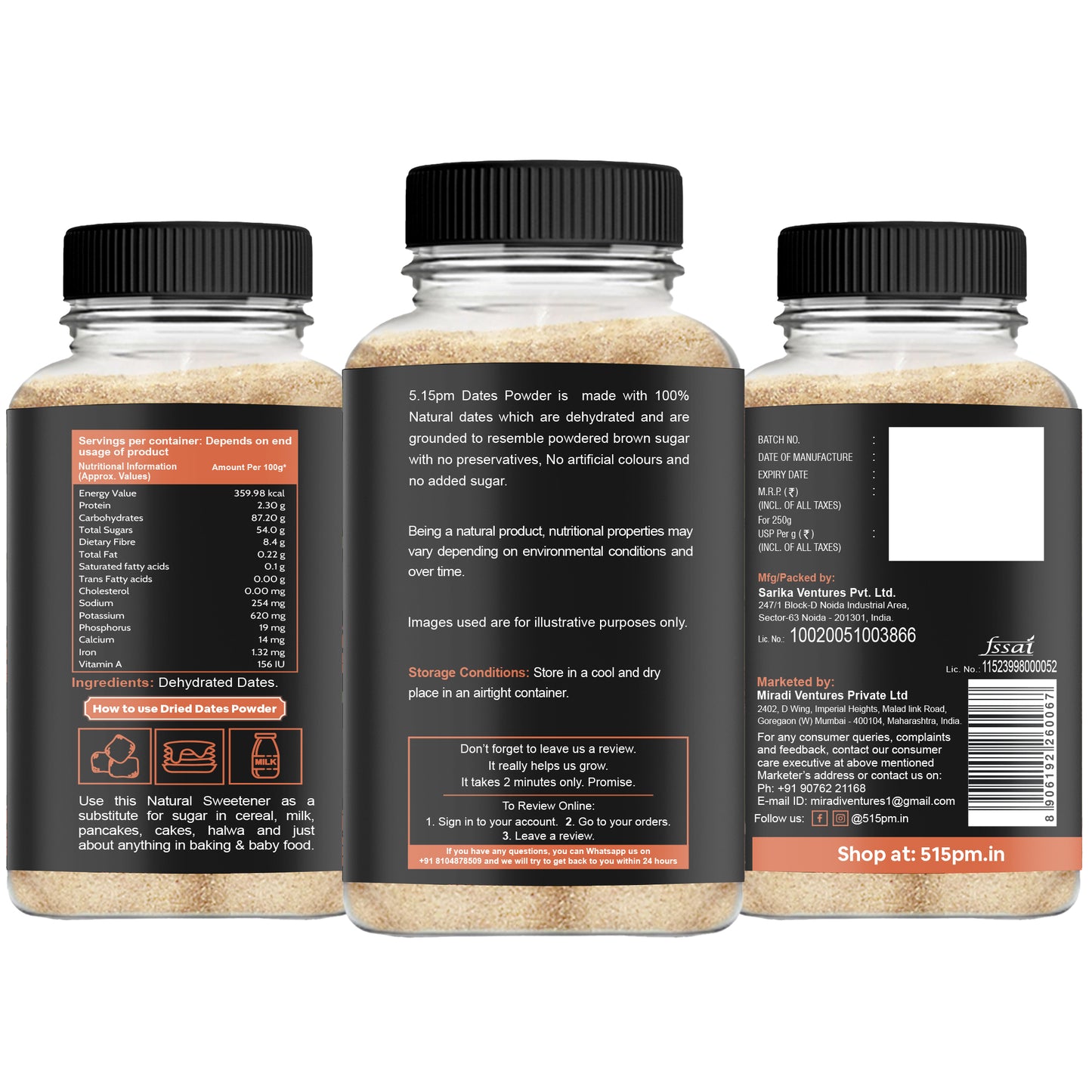 5:15PM Dried Dates Powder (Kharik Powder) | No Added Sugar - 250g