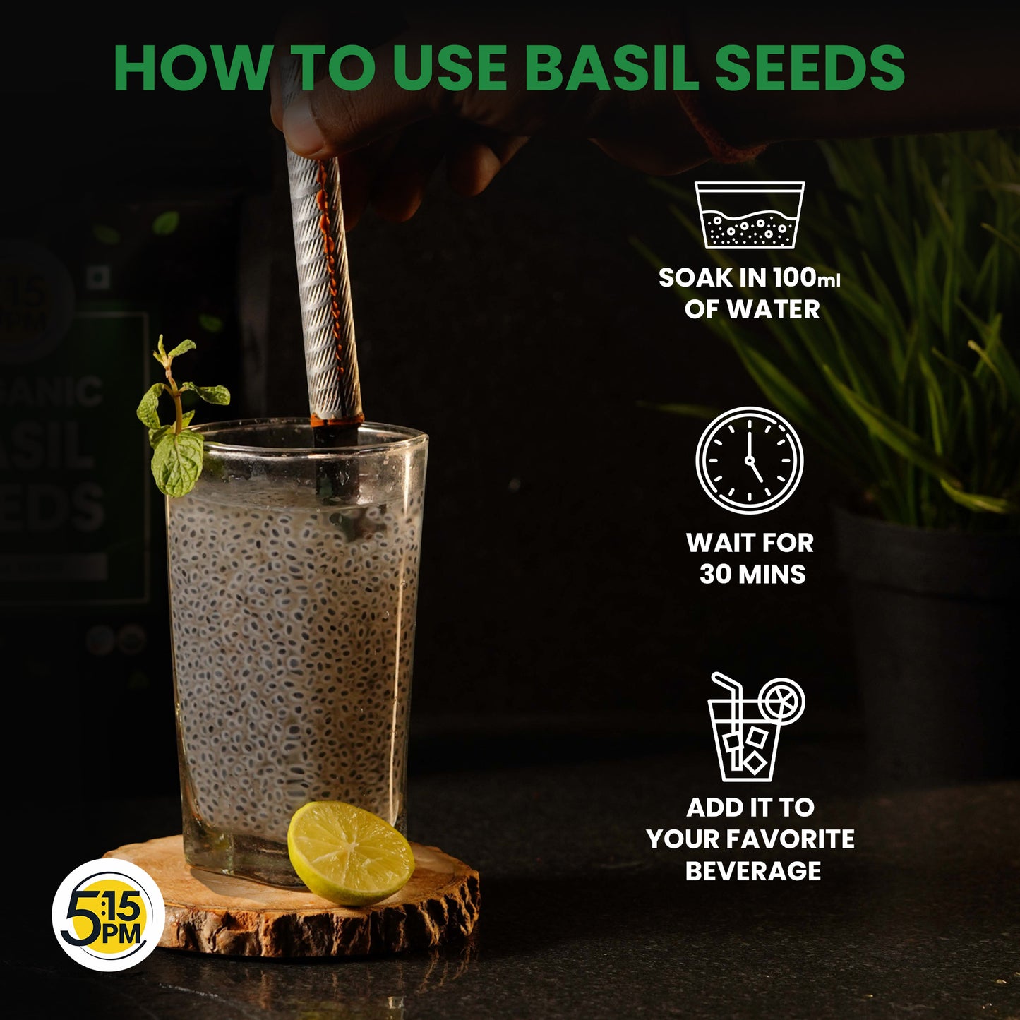 5:15PM Basil Seeds 250g | 100% Organic Raw Basil Seeds | Tukmaria Seeds | Sabja Seeds for Eating | Falooda Seeds 250 grams