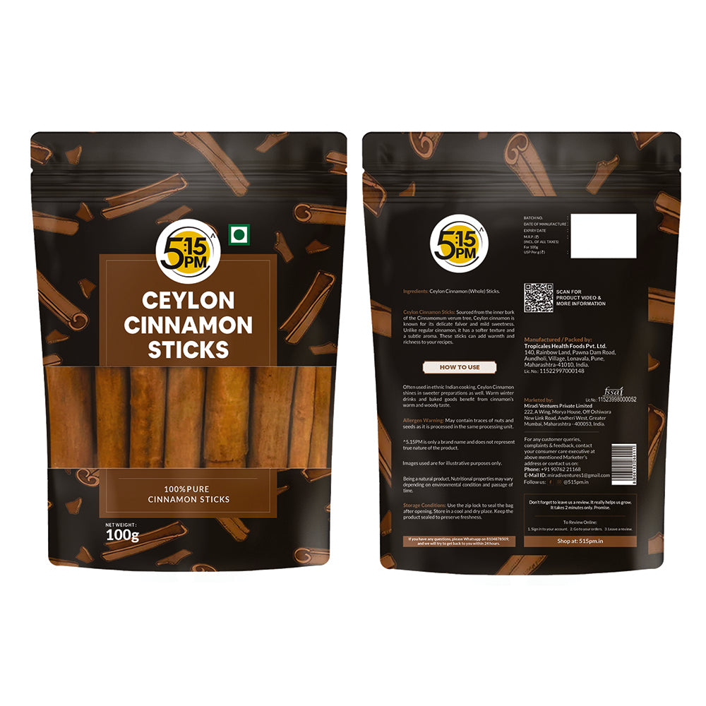5:15PM Ceylon Cinnamon Sticks 100gm| SriLankan Dalchini Sticks |World’s Finest Ceylon Cinnamon Quills - Genuine Source Certification