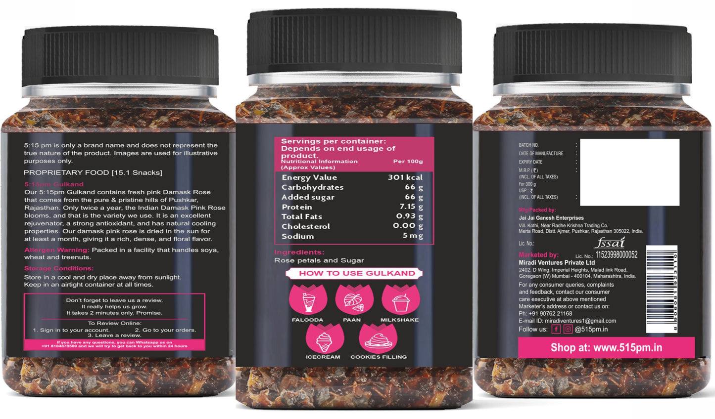 5:15 PM Gulkand 300gm | Premium Rose Petal Jam | Sun Cooked Damask Rose Gulkand| 100% Natural & Pure | Fresh Rose Petals Jam -300g