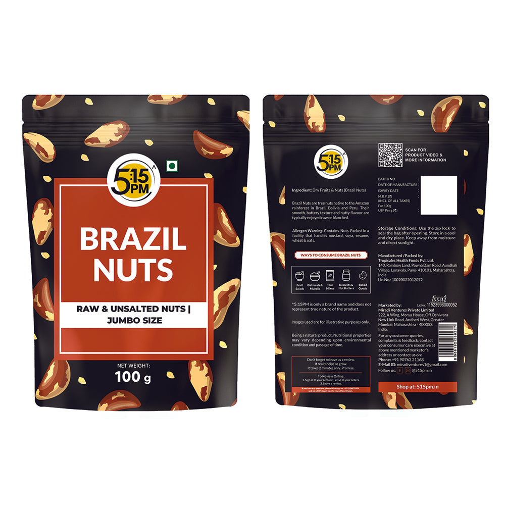 5:15PM Jumbo Brazil Nuts | Handpicked & Exotic Brazilian Nuts | Raw Unsalted 100% Natural Whole Brazil Nuts 100g