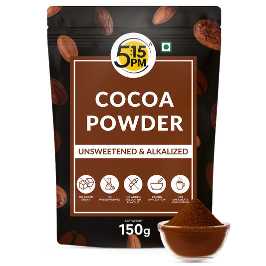 5:15 PM 100% Pure Unsweetened Cocoa Powder - 150g | Cocoa Powder for Cake | Cocoa powder without Sugar | Alkalized Coco Powder | Perfect for Cake, Baking, Hot Chocolate, Milkshakes & More – 150g