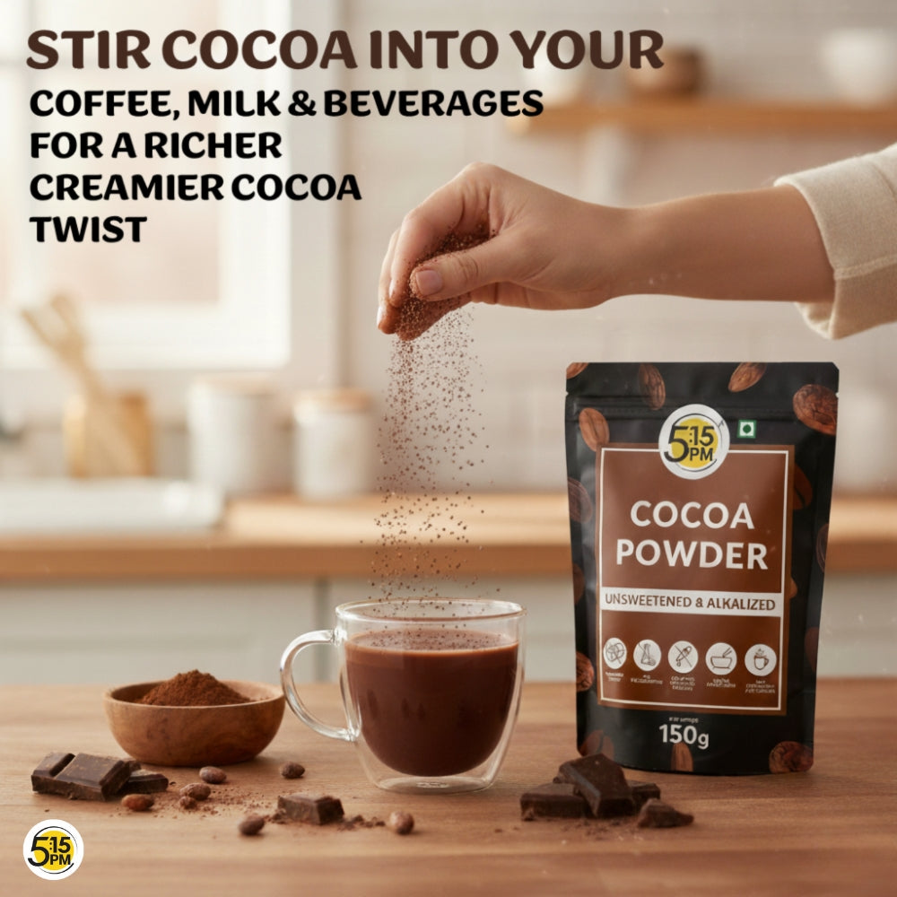 5:15 PM 100% Pure Unsweetened Cocoa Powder - 150g | Cocoa Powder for Cake | Cocoa powder without Sugar | Alkalized Coco Powder | Perfect for Cake, Baking, Hot Chocolate, Milkshakes & More – 150g