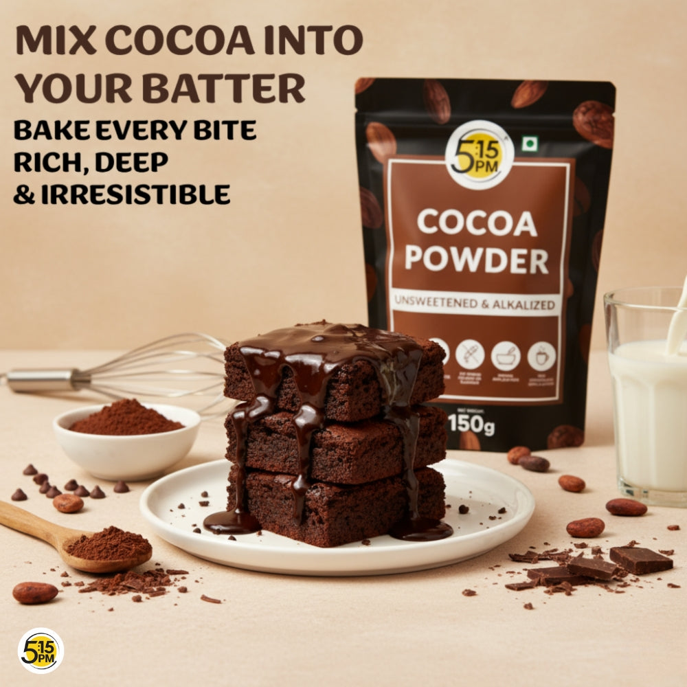 5:15 PM 100% Pure Unsweetened Cocoa Powder - 150g | Cocoa Powder for Cake | Cocoa powder without Sugar | Alkalized Coco Powder | Perfect for Cake, Baking, Hot Chocolate, Milkshakes & More – 150g