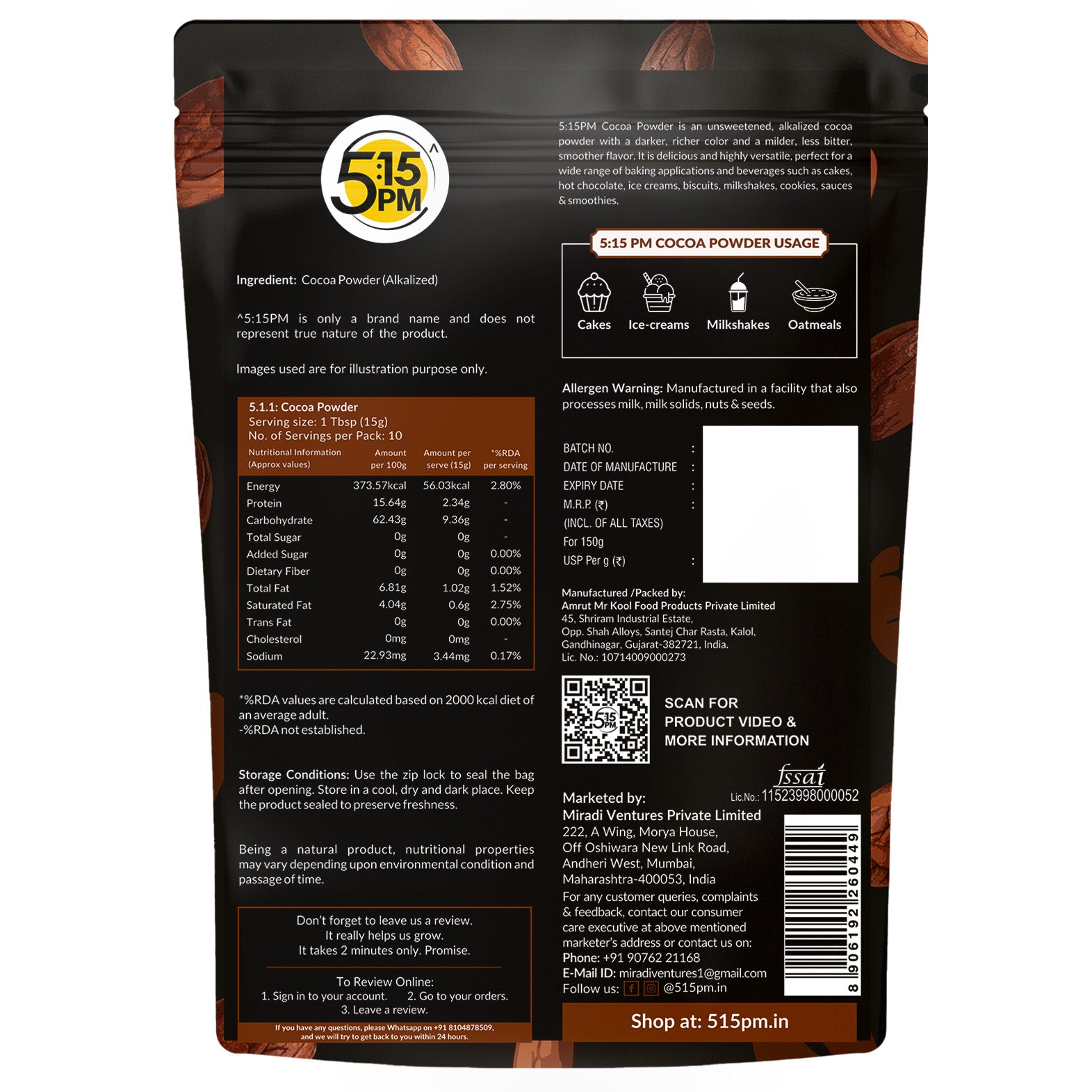 5:15 PM 100% Pure Unsweetened Cocoa Powder - 150g | Cocoa Powder