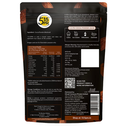 5:15 PM 100% Pure Unsweetened Cocoa Powder - 150g | Cocoa Powder for Cake | Cocoa powder without Sugar | Alkalized Coco Powder | Perfect for Cake, Baking, Hot Chocolate, Milkshakes & More – 150g
